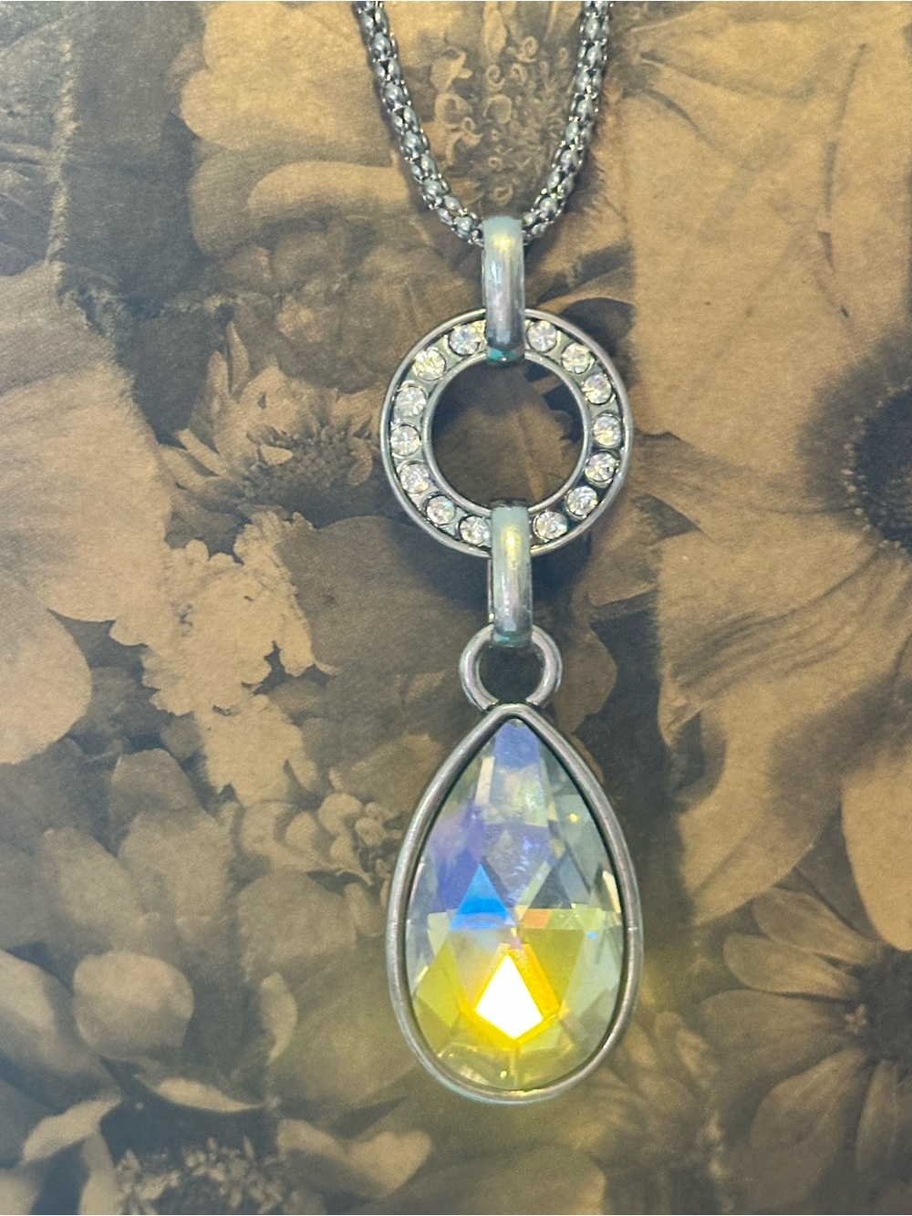 Iridescent Teardrop Crystal Necklace in Yellow and Blue